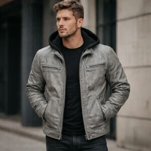 Surplus Faux Leather Biker Bomber Hoodie Jacket Men’s M Gray Fleece Lined